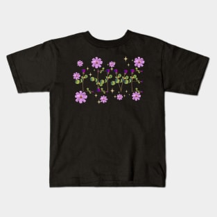 Love pink  roses on stems with gems and purple flowers black bg Kids T-Shirt